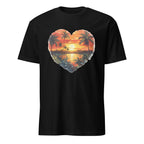 Black t-shirt with a heart-shaped tropical sunset design on a white background