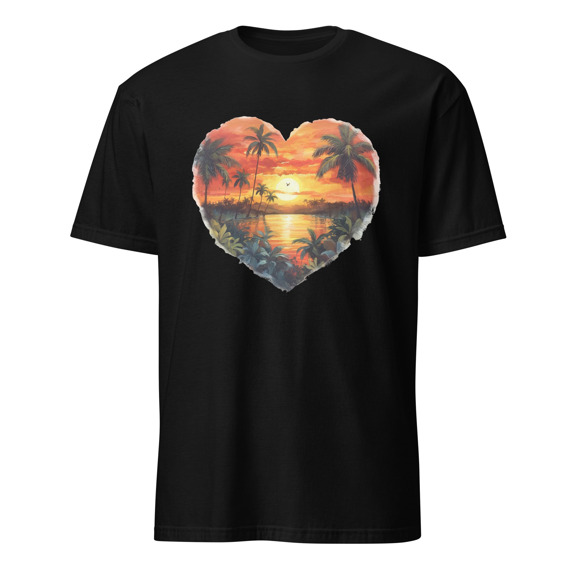 Black t-shirt with a heart-shaped tropical sunset design on a white background