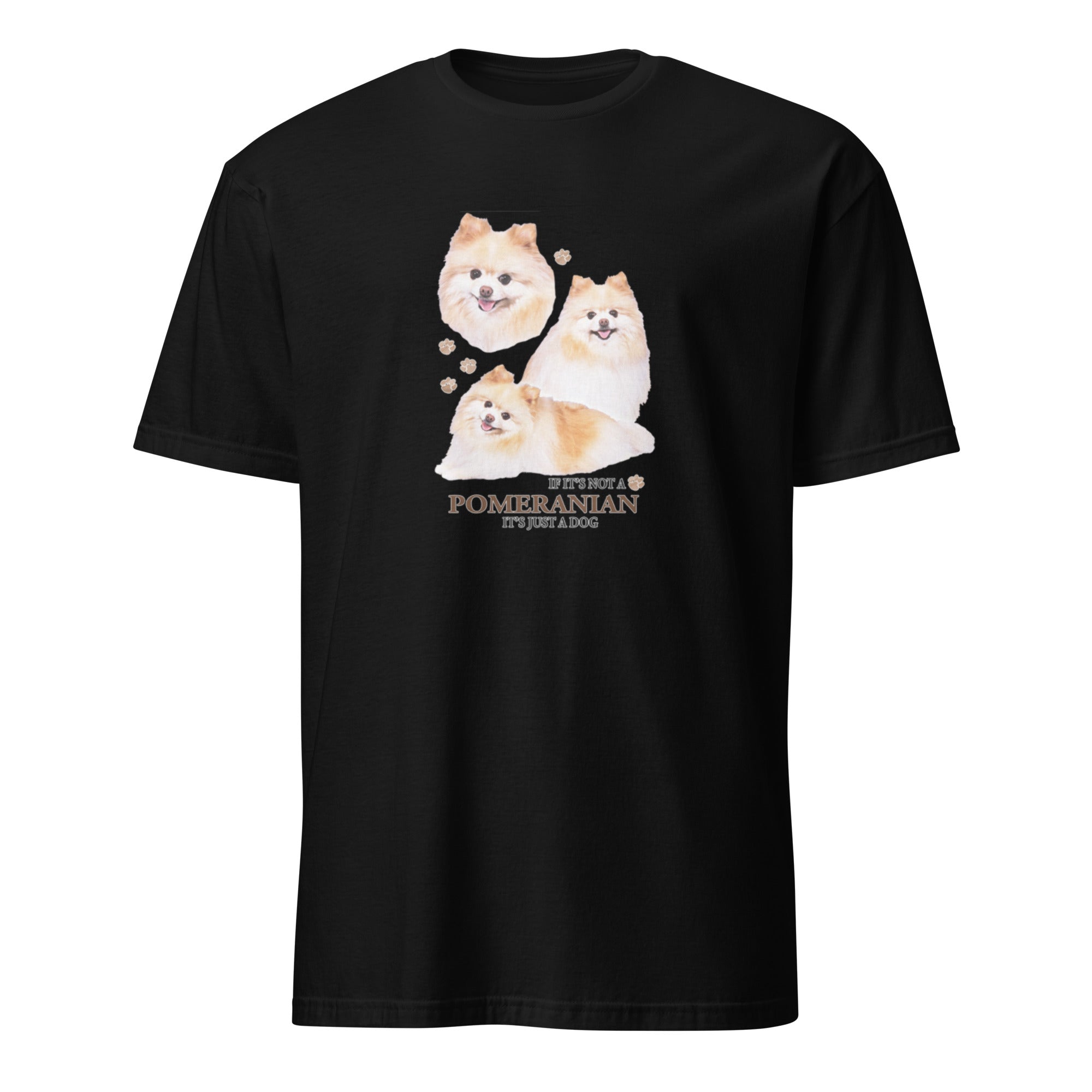 Black t-shirt with Pomeranian dog illustration and If It's Not A Pomeranian It's Just A Dog T-shirt on a white background