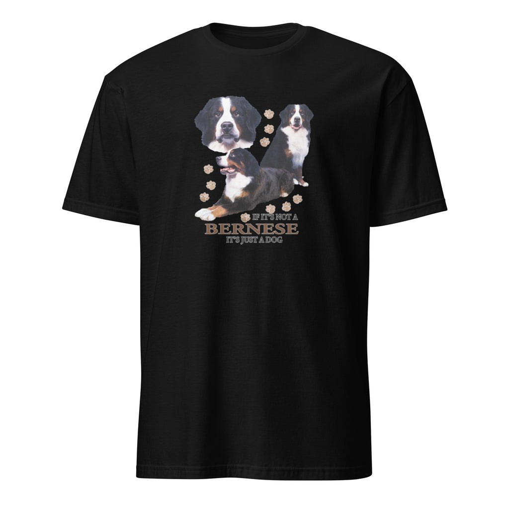 Black t-shirt with Bernese dog illustration and If It's Not A Bernese It's Just A Dog T-shirt on a white background