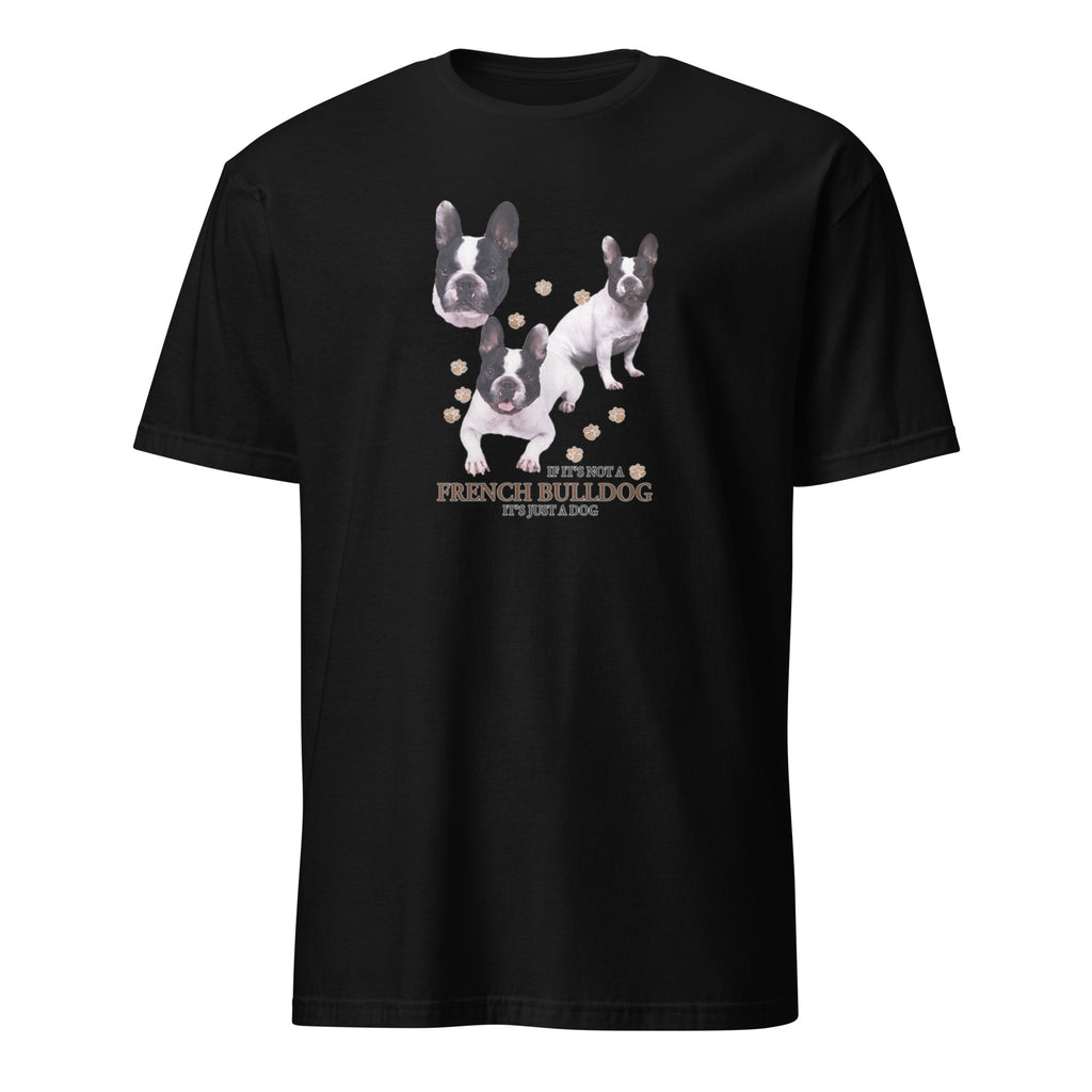 Black t-shirt with French Bulldog graphic and text on a white background
