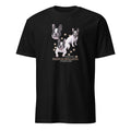 Black t-shirt with French Bulldog graphic and text on a white background