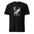 Black t-shirt with French Bulldog graphic and text on a white background