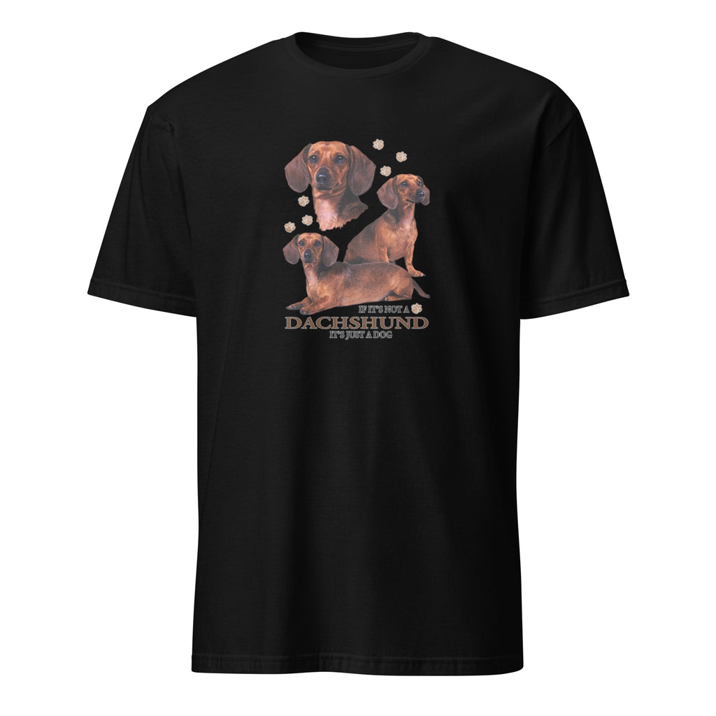 Black t-shirt with dachshund graphic and text on a white background
