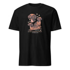 Black t-shirt with dachshund graphic and text on a white background