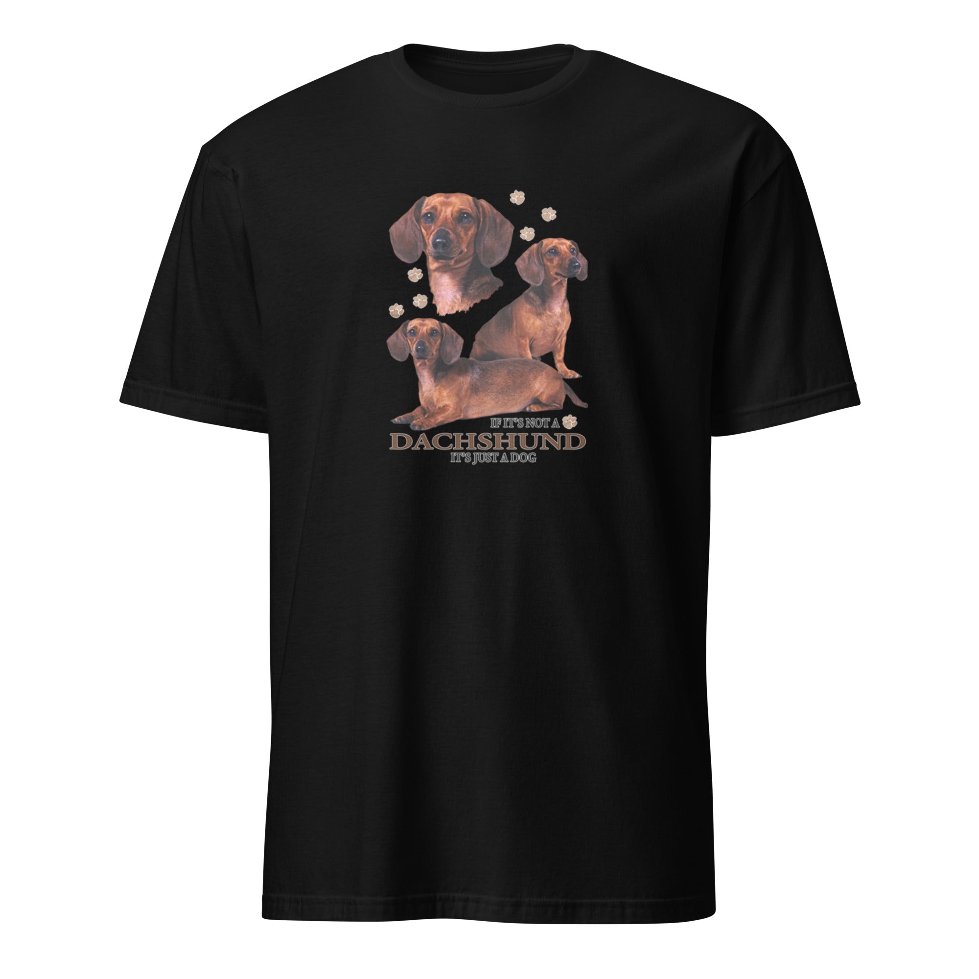 Black t-shirt with dachshund graphic and text on a white background