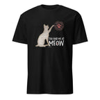 Black t-shirt with a cat graphic and You Had Me at Meow text on a white background