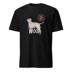 Black t-shirt with You Had Me At Woof text on a white background