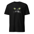 Black t-shirt with a graphic of a cat's face on a white background