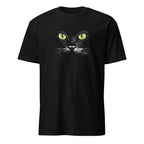 Black t-shirt with a graphic of a cat's face on a white background