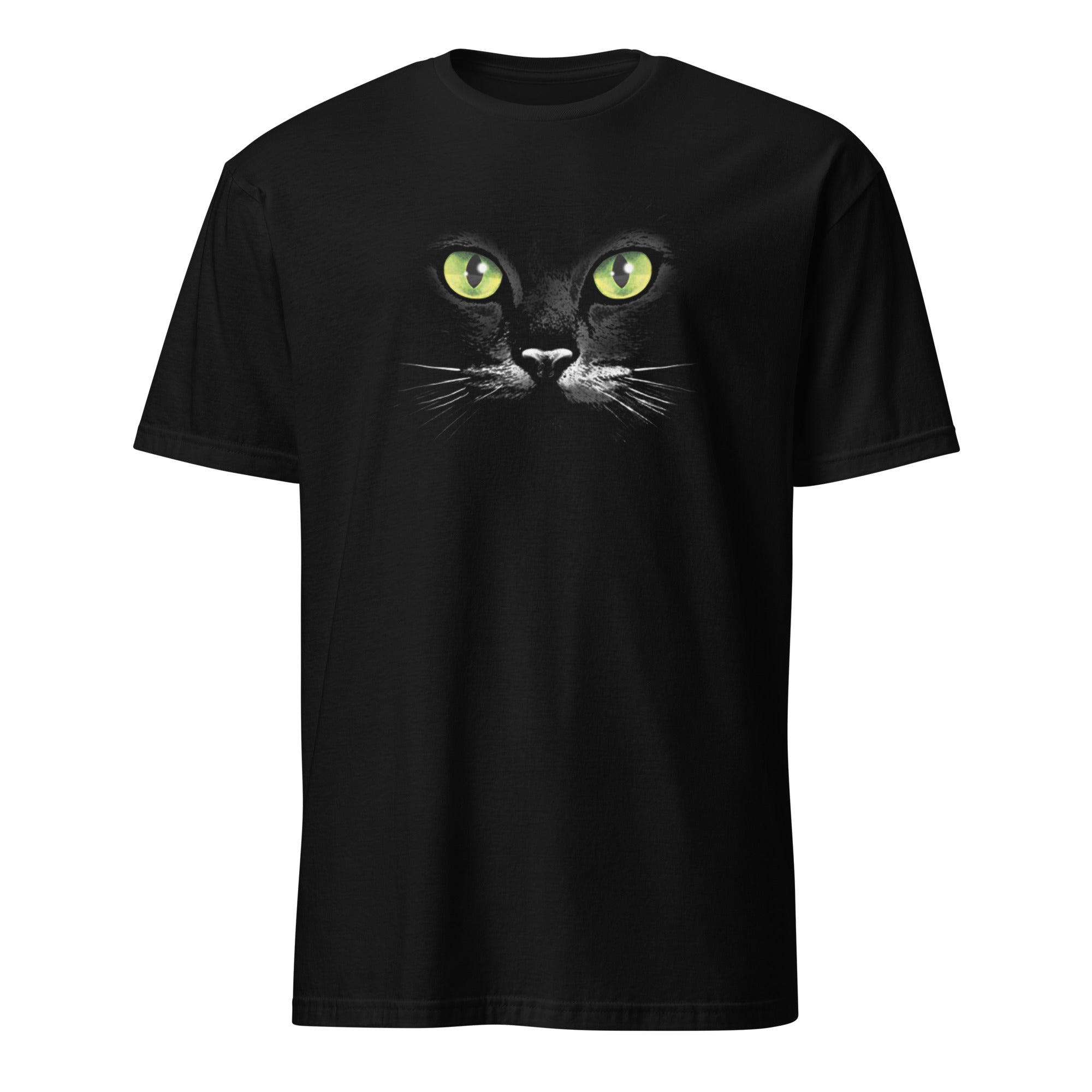 Black t-shirt with a graphic of a cat's face on a white background