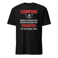 Navy blue t-shirt with a small logo on the sleeve against a white background