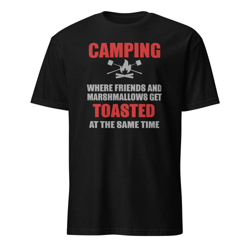 Navy blue t-shirt with a small logo on the sleeve against a white background