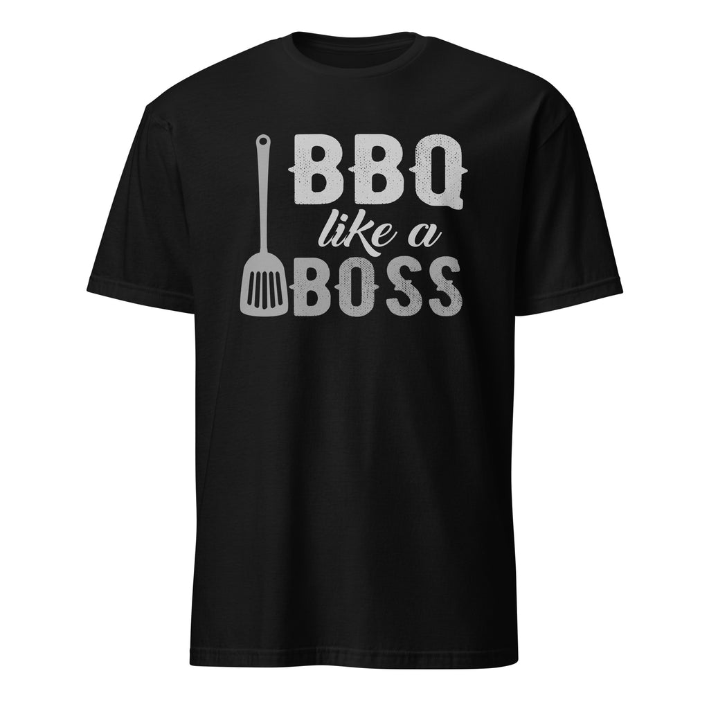Black t-shirt with 'BBQ like a boss' text and spatula graphic on a white background