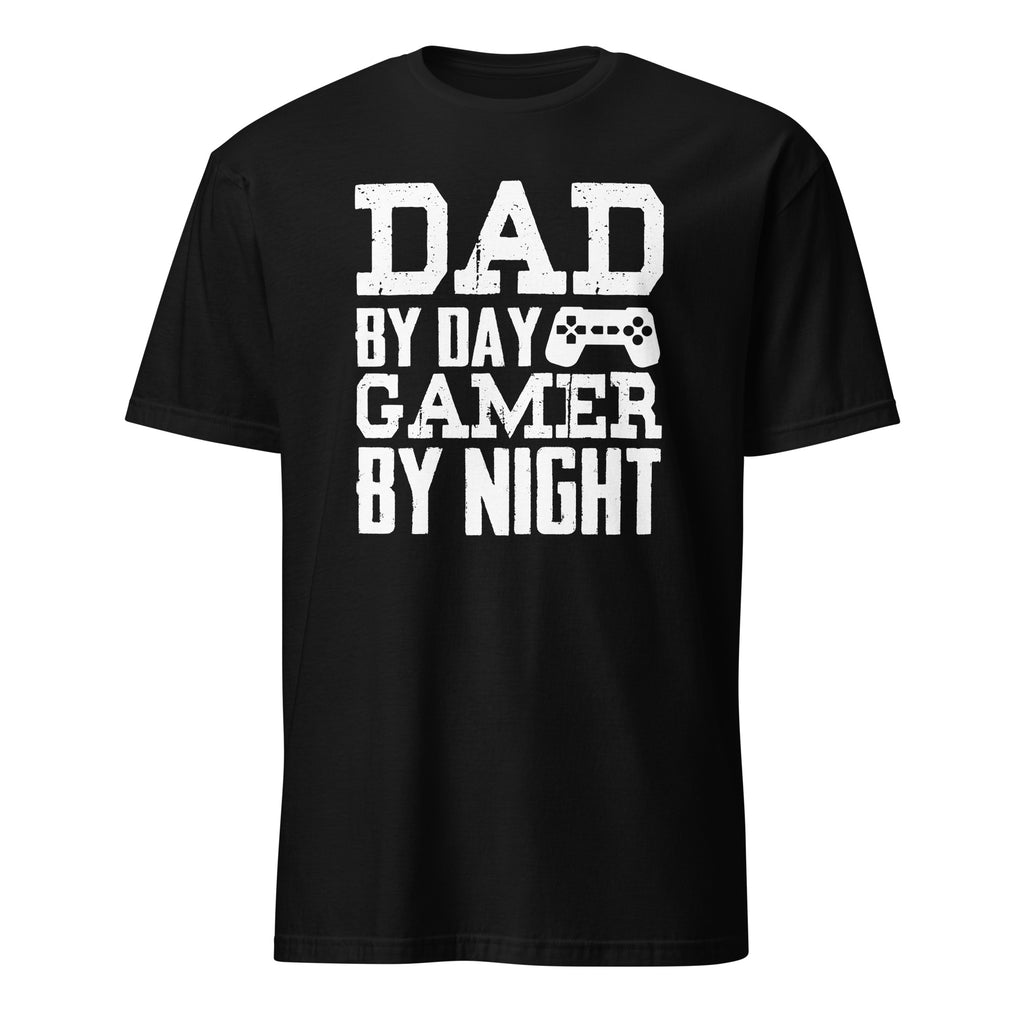 Black t-shirt with Dad By Day Gamer By Night white text on a white background