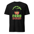 Black t-shirt with I Grow My Own Food Tell Me Your Superpower text and graphic on a white background