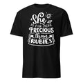 Black t-shirt with white text 'She is far more precious than rubies' on a white background