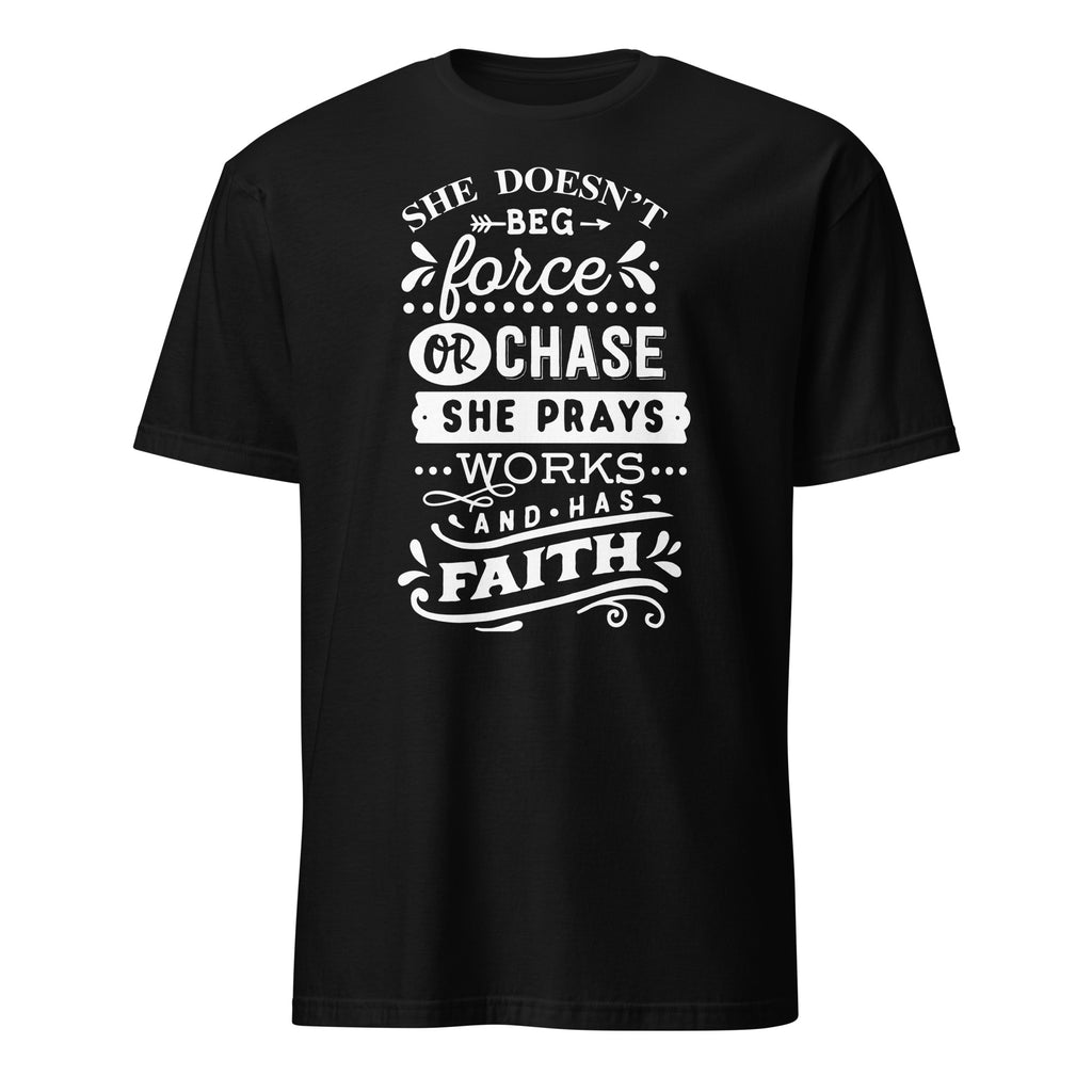 Black t-shirt with white motivational text design on a white background