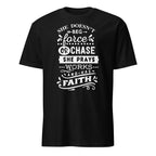 Black t-shirt with white motivational text design on a white background
