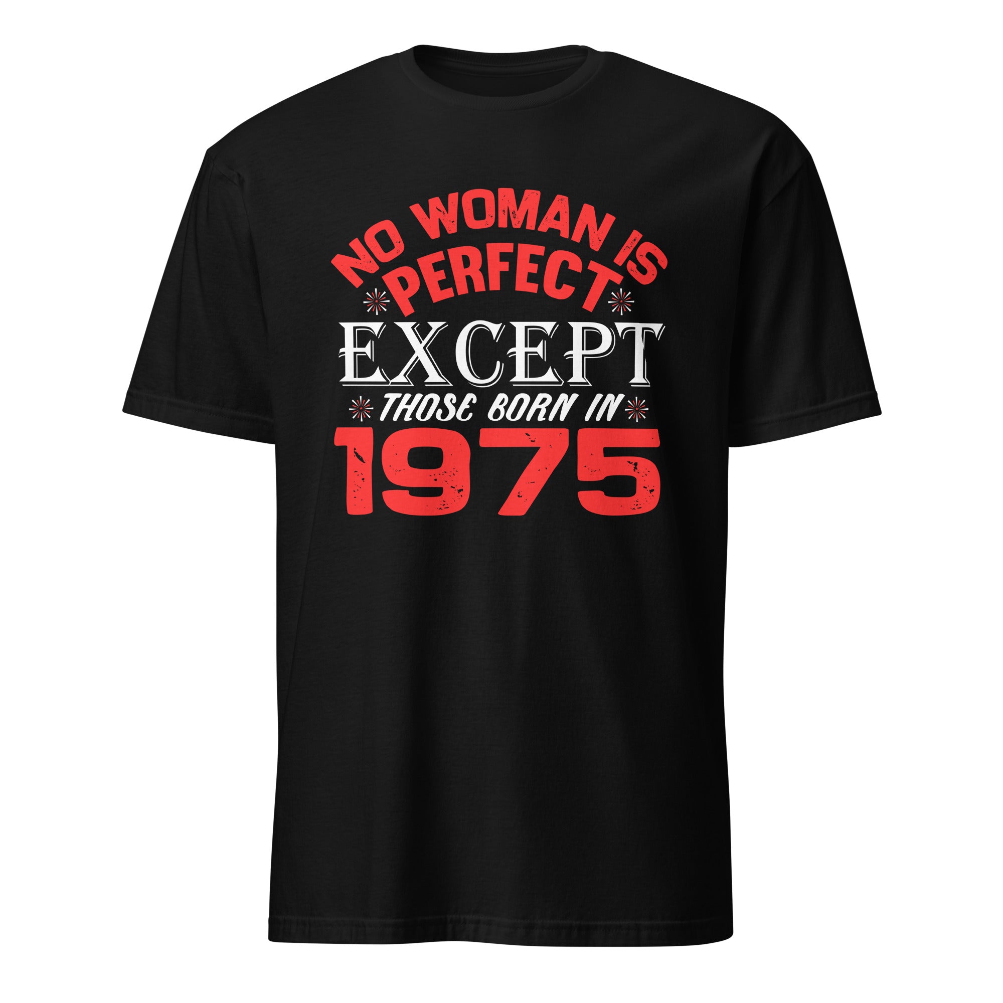 Black t-shirt with red and white text on a white background