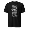Black t-shirt with white motivational quote on a white background