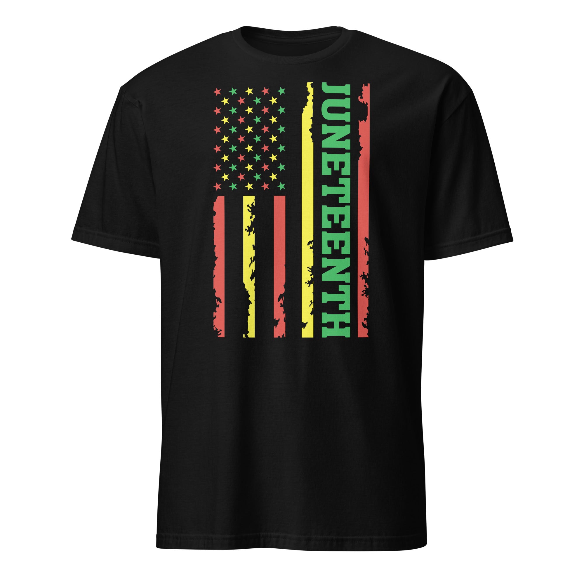 Black t-shirt with Juneteenth graphic design on a white background