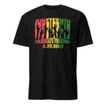 Black t-shirt with Juneteenth celebration design featuring colorful text and silhouettes on a white background.