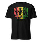 Black t-shirt with Juneteenth celebration design featuring colorful text and silhouettes on a white background.