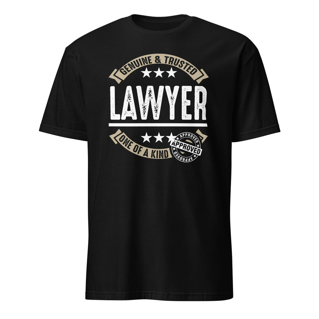 Black t-shirt with 'Genuine & Trusted Lawyer One of a Kind' text design on a white background