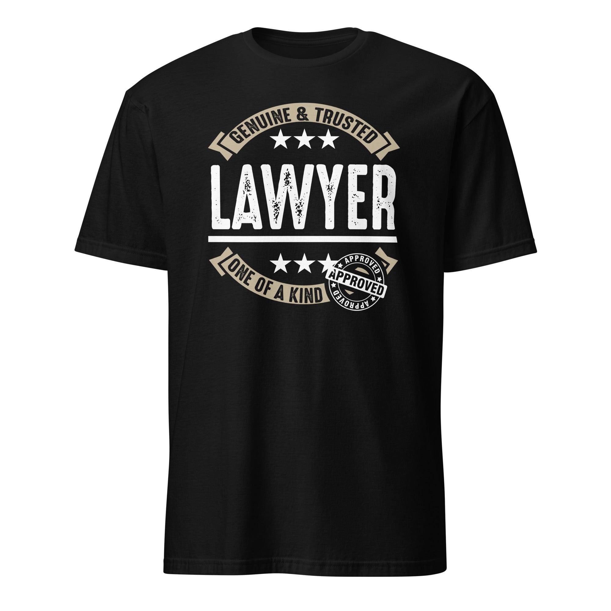 Black t-shirt with 'Genuine & Trusted Lawyer One of a Kind' text design on a white background