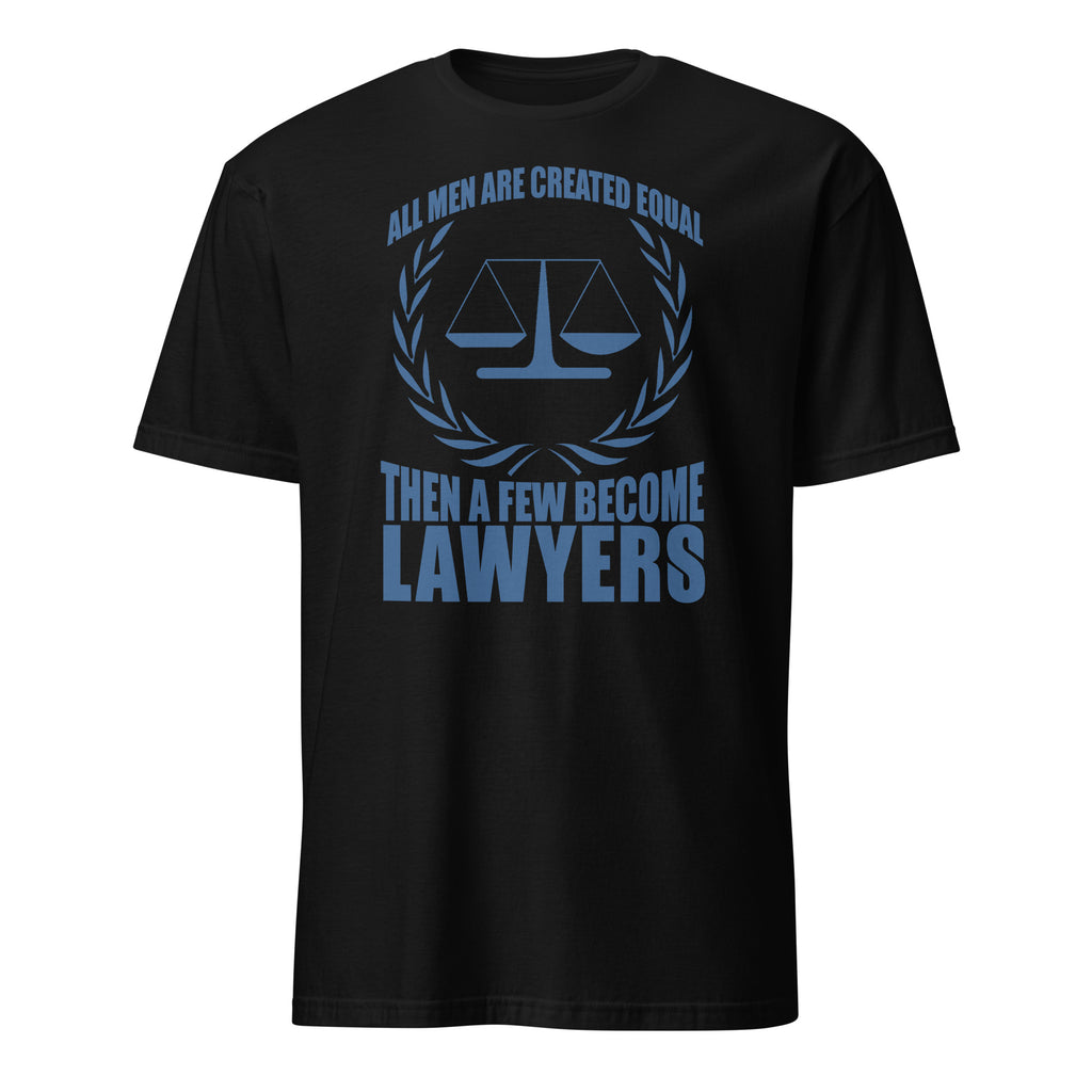 Black t-shirt t-shirt with blue text and law scale graphic on a white background