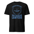 Black t-shirt t-shirt with blue text and law scale graphic on a white background