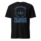 Black t-shirt t-shirt with blue text and law scale graphic on a white background