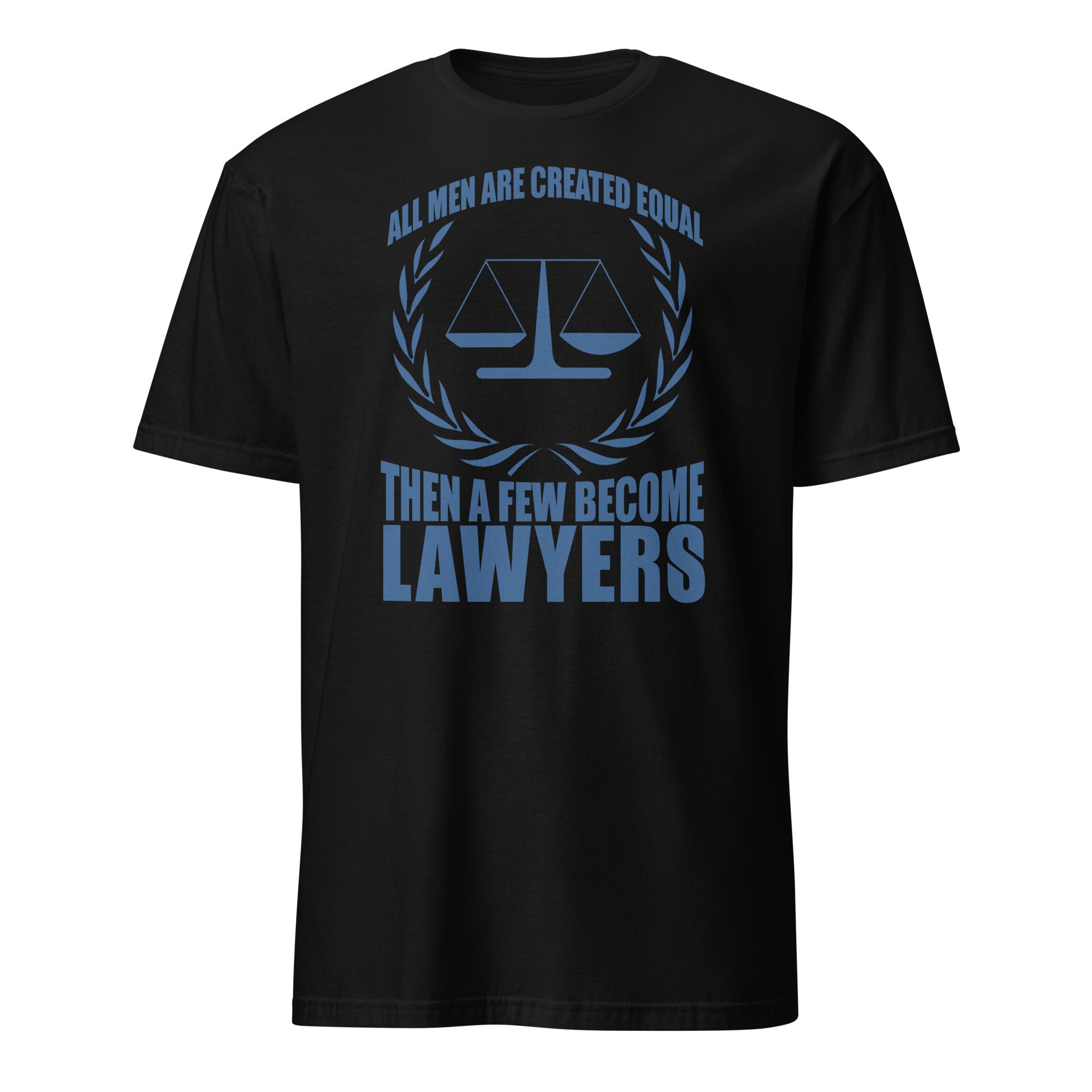 Black t-shirt t-shirt with blue text and law scale graphic on a white background