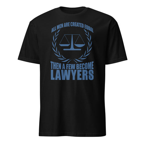 Black t-shirt t-shirt with blue text and law scale graphic on a white background