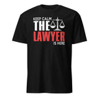 Black t-shirt with 'Keep Calm The Lawyer Is Here' text design on a white background