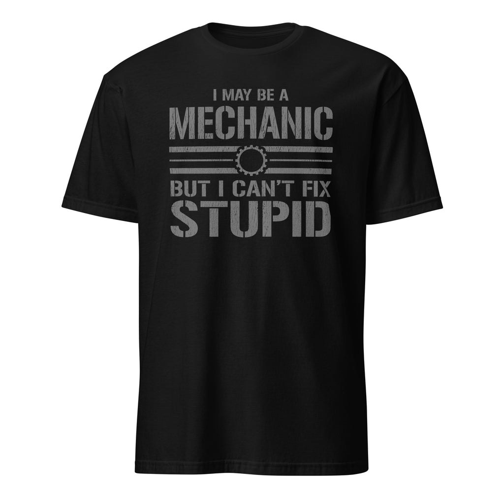 Black t-shirt with graphic text design on a white background
