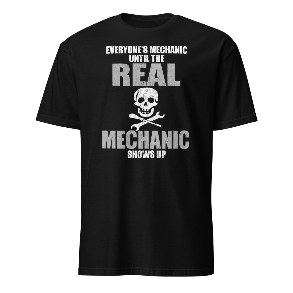 Black t-shirt with white text and skull design on a white background