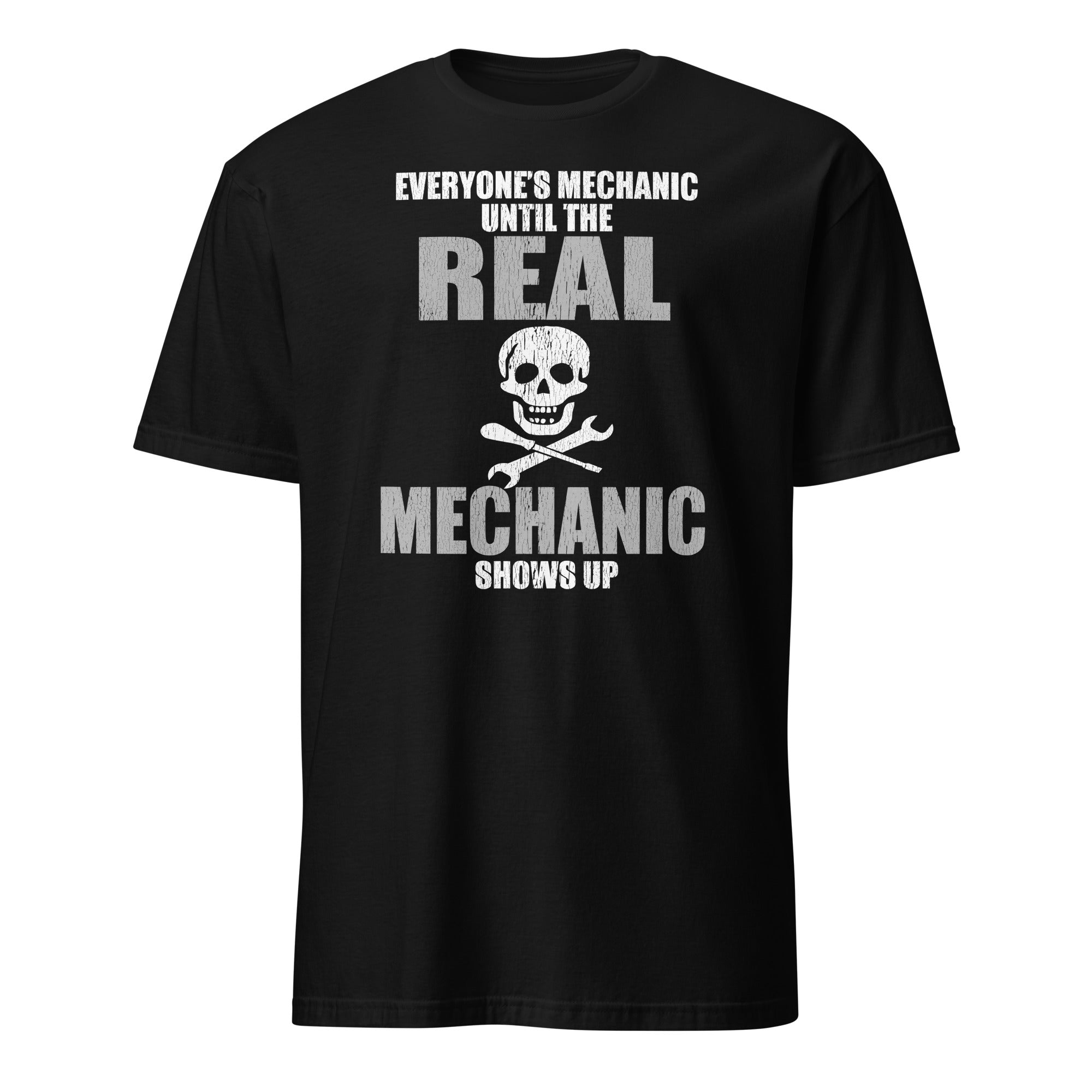 Black t-shirt with white text and skull design on a white background