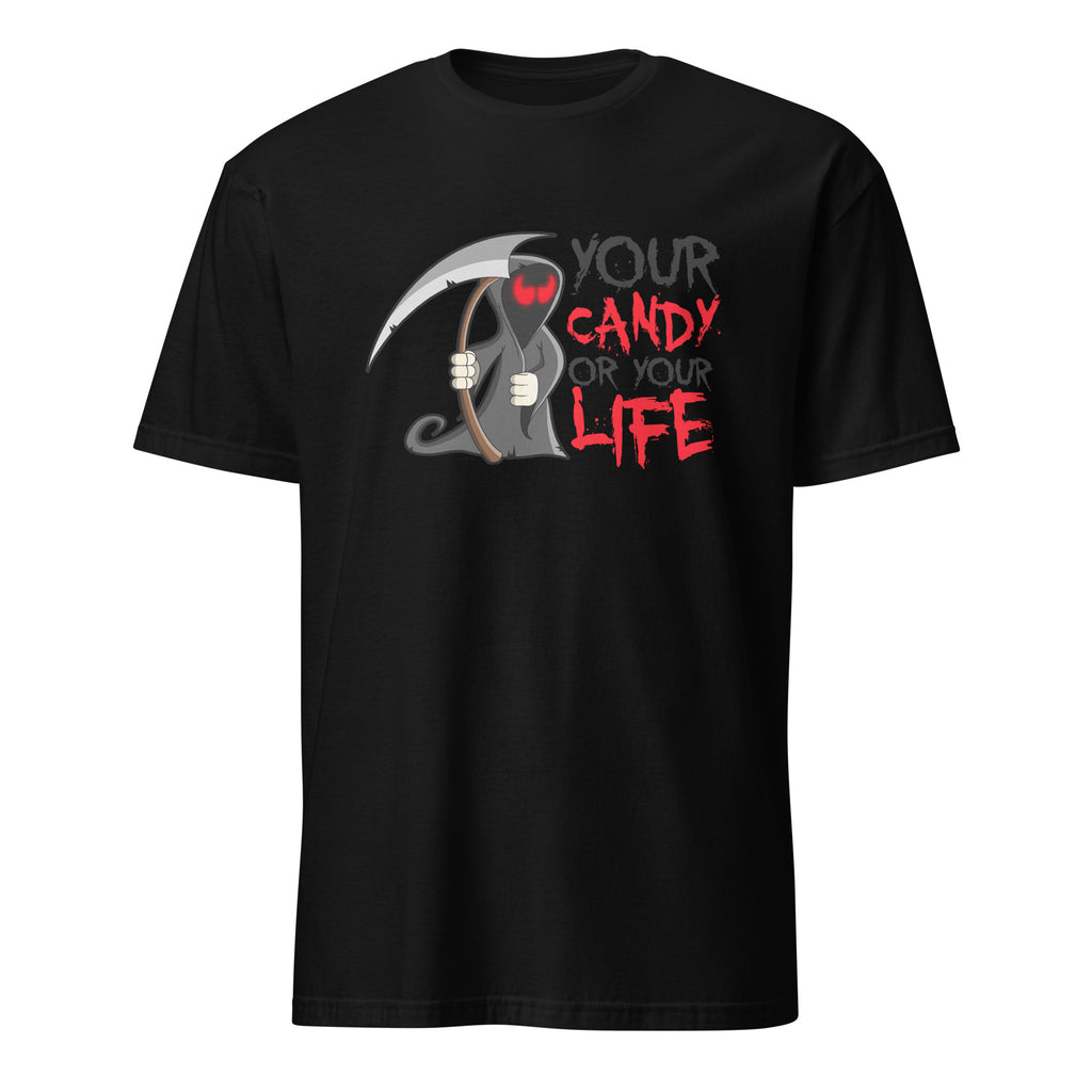 Black  Unisex Halloween graphic t-shirt with “Your Candy or Your Life” design