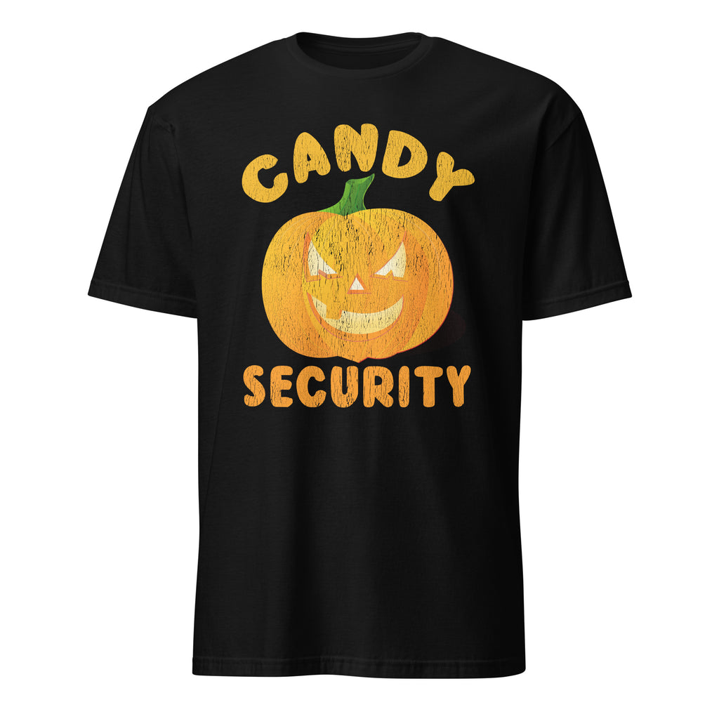 A black short-sleeve crewneck t-shirt featuring a distressed orange pumpkin graphic with a green stem and the words 'CANDY SECURITY' in orange lettering.