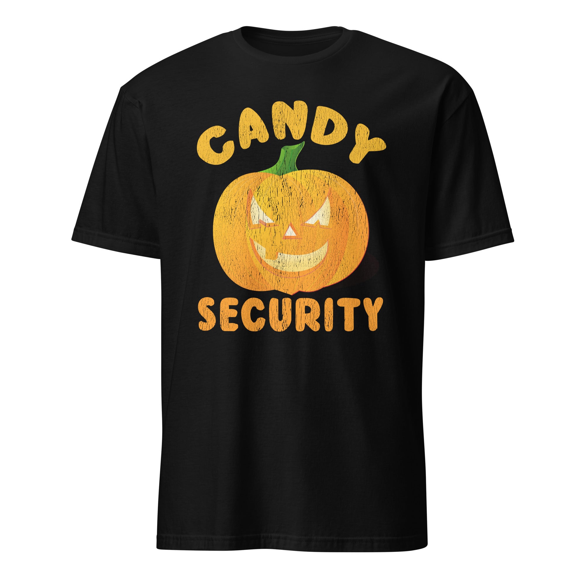 A black short-sleeve crewneck t-shirt featuring a distressed orange pumpkin graphic with a green stem and the words 'CANDY SECURITY' in orange lettering.
