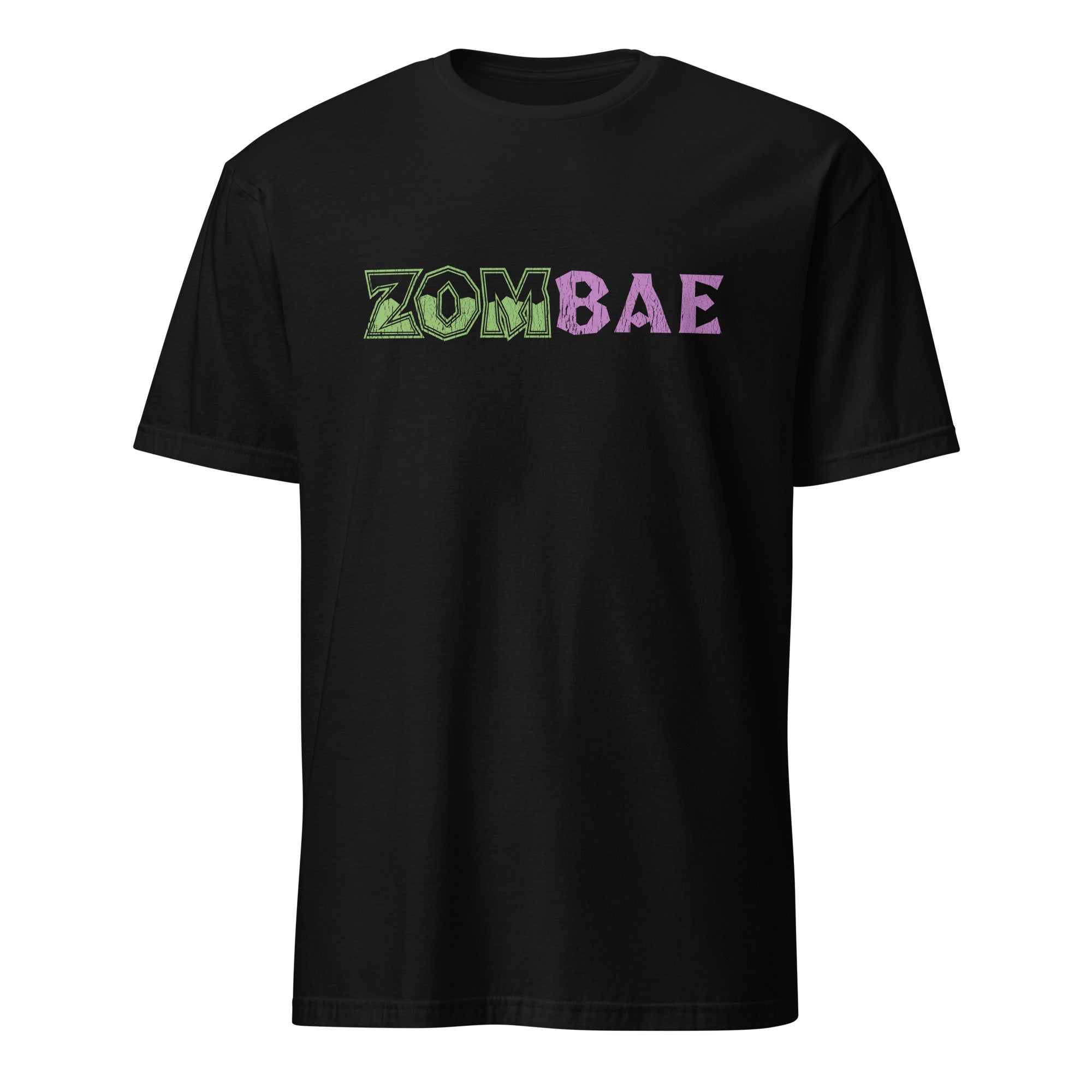 A black short-sleeve crewneck t-shirt featuring the word 'ZOMBIE' stylized in green camouflage letters, transitioning into 'BAE' in purple letters, displayed on a clean white background.