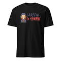 A black short-sleeve crewneck t-shirt featuring a graphic print of a cartoon vampire character and the text 'CAREFUL, A KILLER' in gray and red dripping font.