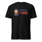 A black short-sleeve crewneck t-shirt featuring a graphic print of a cartoon vampire character and the text 'CAREFUL, A KILLER' in gray and red dripping font.