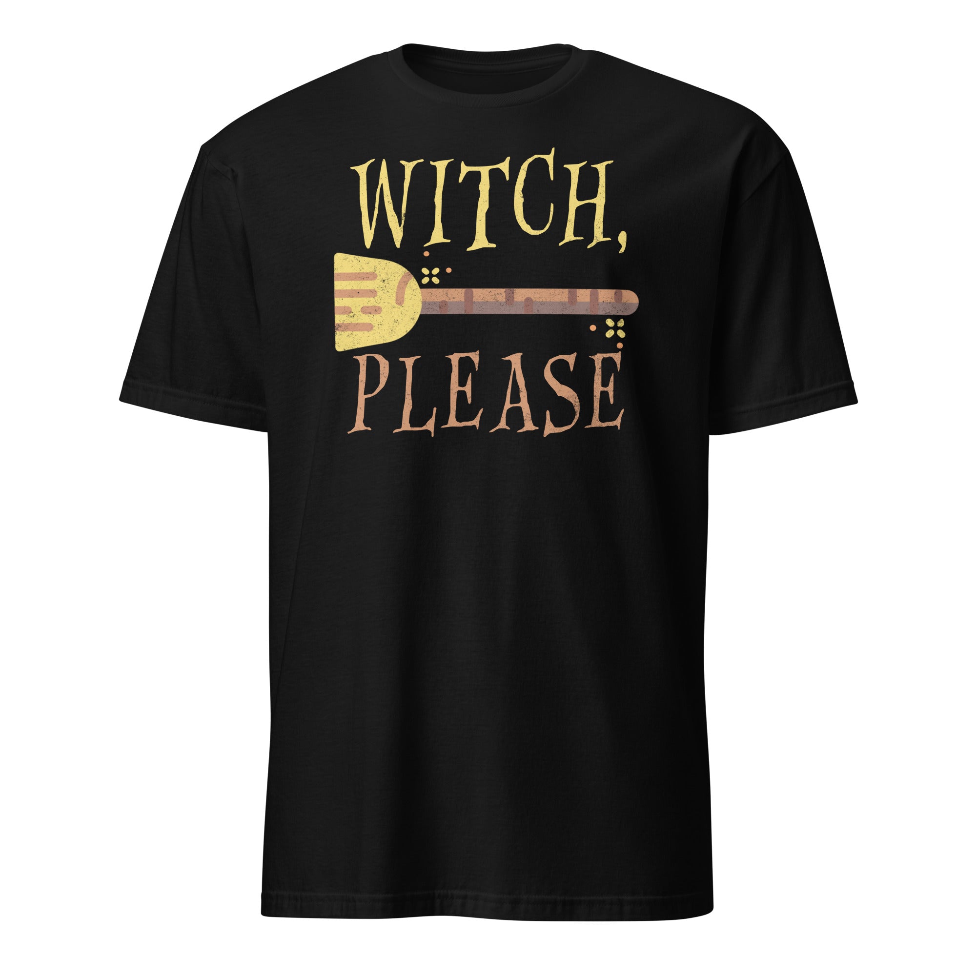 A black short-sleeve crewneck t-shirt featuring a distressed graphic print on the front that reads 'WITCH, PLEASE' in gold and brown lettering, with a matching broomstick illustration.