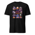 A black short-sleeve crewneck t-shirt featuring a colorful 'Cozy Spooky Weekend' graphic print on the front, displayed against a solid white background.