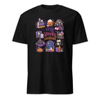 A black short-sleeve crewneck t-shirt featuring a colorful 'Cozy Spooky Weekend' graphic print on the front, displayed against a solid white background.