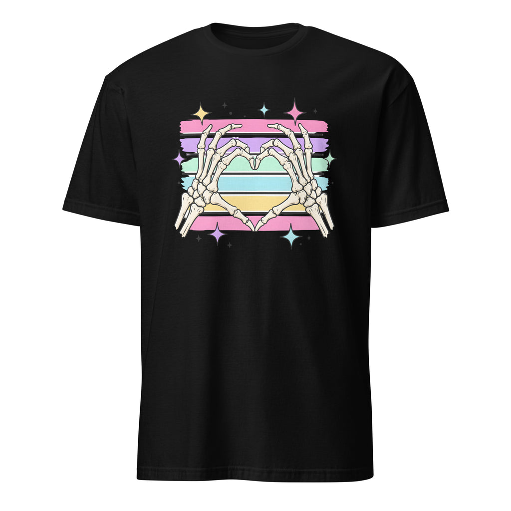 A black short-sleeve crewneck t-shirt featuring a graphic of skeletal hands forming a heart shape over pastel rainbow and Progress Pride flag stripes with star accents.