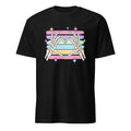 A black short-sleeve crewneck t-shirt featuring a graphic of skeletal hands forming a heart shape over pastel rainbow and Progress Pride flag stripes with star accents.